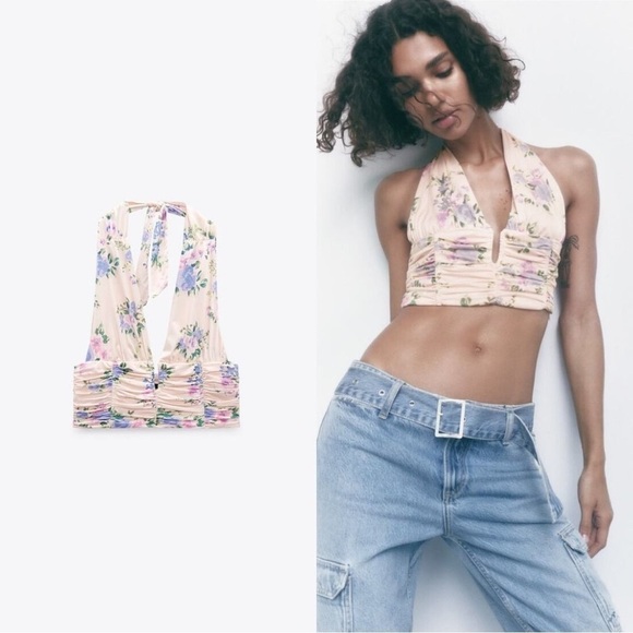 NWT Zara Pale Pink Blue Floral Deep V Cropped Halter Neck Ruched Top sz Small - Picture 2 of 11